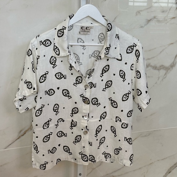 VINTAGE Linen Camp Shirt with Fish Pattern, M - Picture 1 of 4